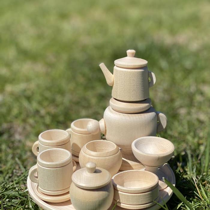 Untreated Wood Miniature Tea Set