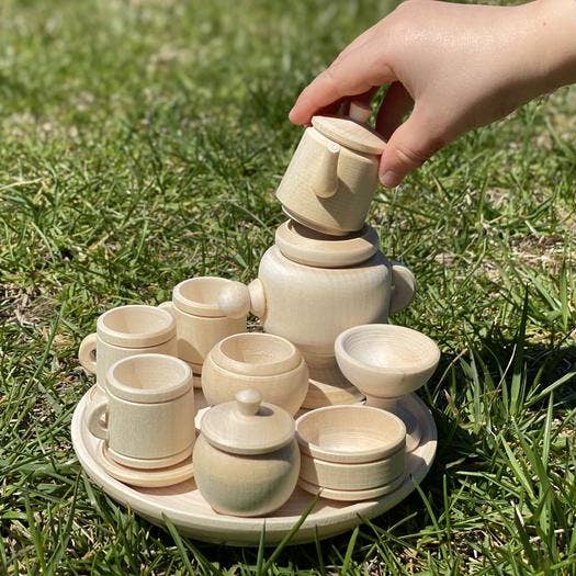 Untreated Wood Miniature Tea Set